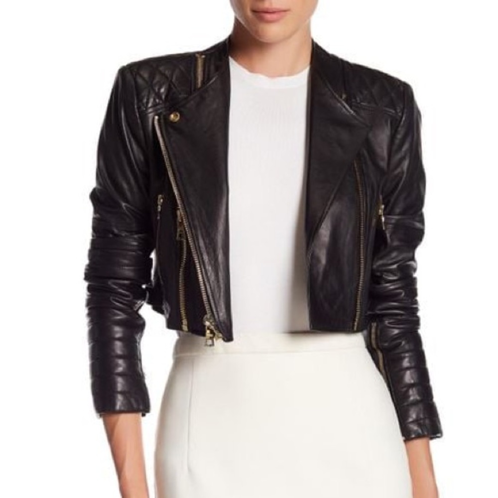 Women's Alice + Olivia Black Genuine Lamb Leather Cropped Jacket Size XS